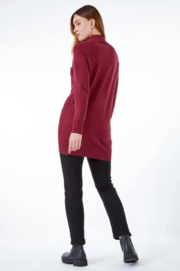 Women Wine Longline High Neck Tunic Jumper Roman Knitwear