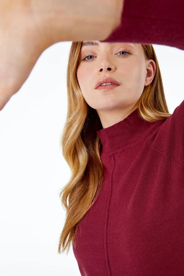 Women Wine Longline High Neck Tunic Jumper Roman Knitwear