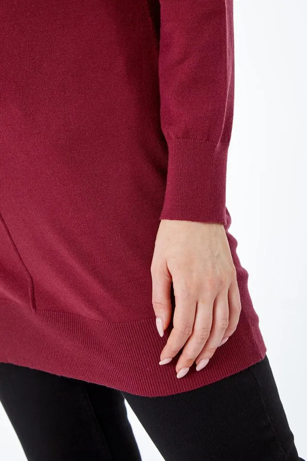 Women Wine Longline High Neck Tunic Jumper Roman Knitwear