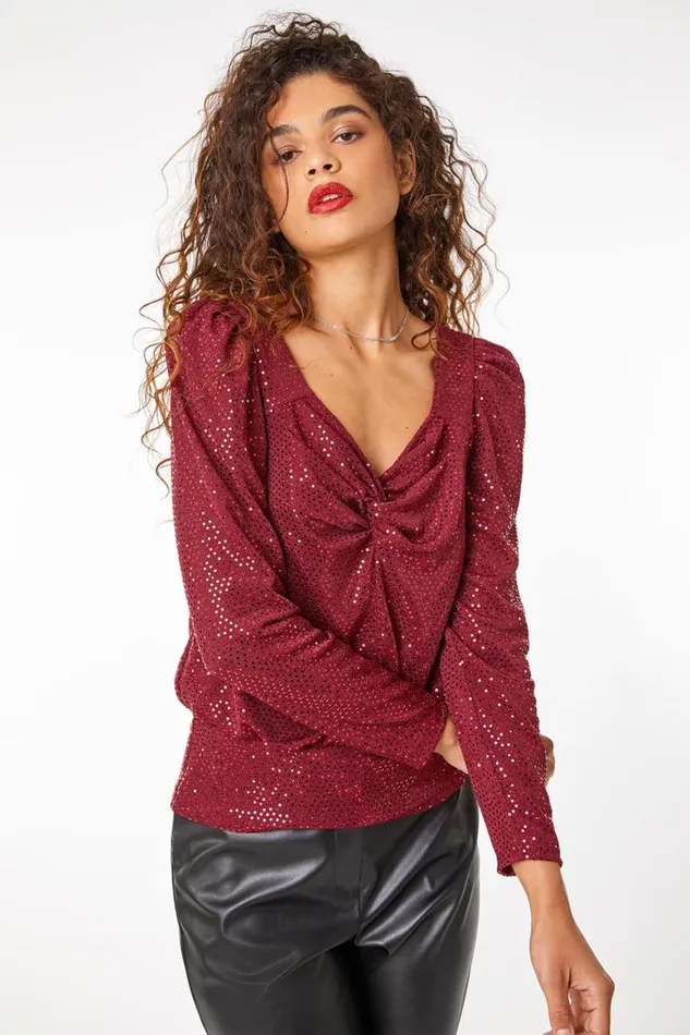 Women Wine Ruched Sequin Sweetheart Top Roman Tops