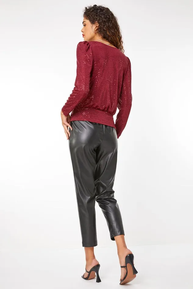 Women Wine Ruched Sequin Sweetheart Top Roman Tops