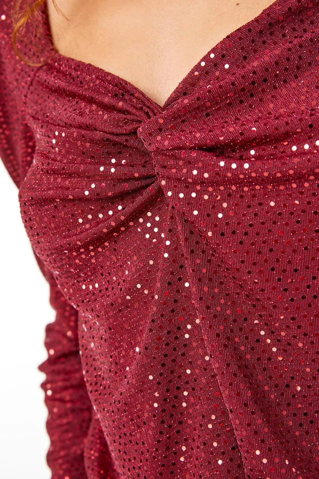 Women Wine Ruched Sequin Sweetheart Top Roman Tops