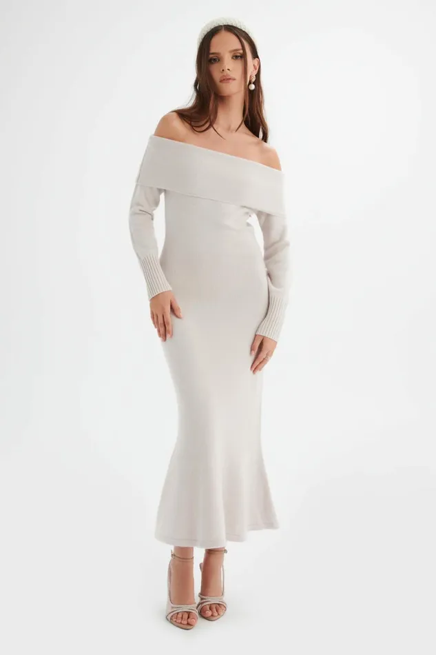 Women Winter Knitwear Lavish Alice CLOVER Knitted Wool Bardot Midi Dress In Stone Stone Women Winter Knitwear Lavish Alice CLOVER Knitted Wool Bardot Midi Dress In Stone Stone