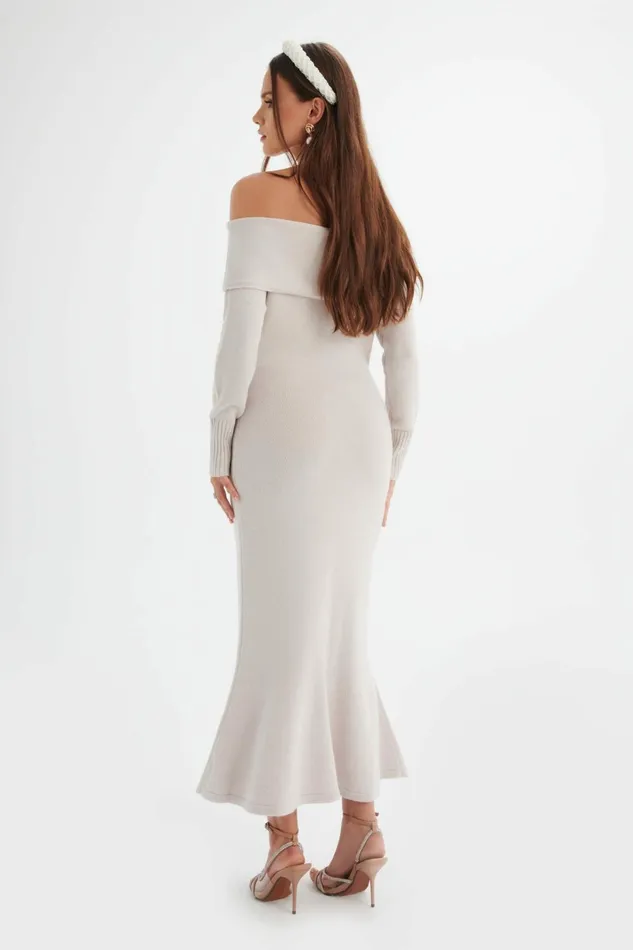 Women Winter Knitwear Lavish Alice CLOVER Knitted Wool Bardot Midi Dress In Stone Stone