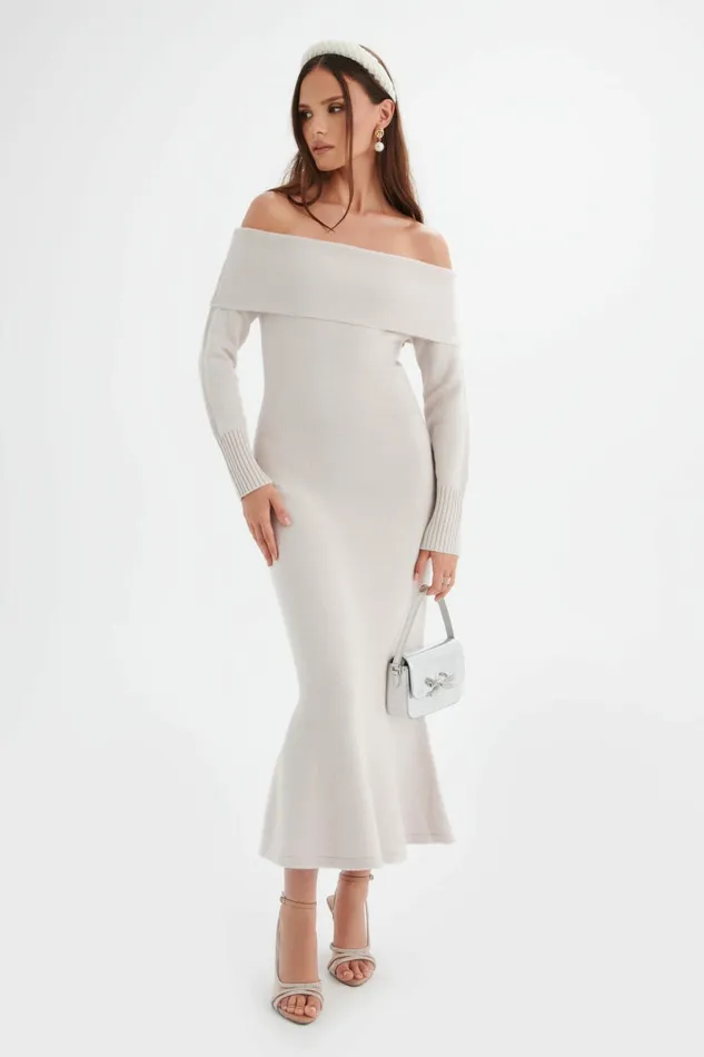 Women Winter Knitwear Lavish Alice CLOVER Knitted Wool Bardot Midi Dress In Stone Stone