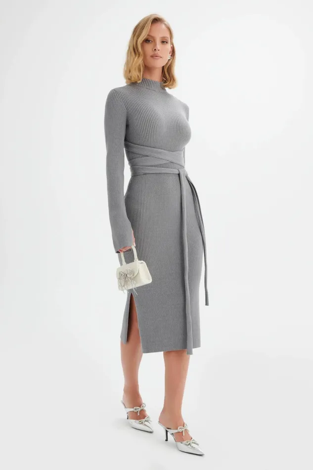 Women Winter Knitwear Lavish Alice ROMI Knitted Ribbed Open Back Sleeved Midi Dress In Grey Grey Women Winter Knitwear Lavish Alice ROMI Knitted Ribbed Open Back Sleeved Midi Dress In Grey Grey