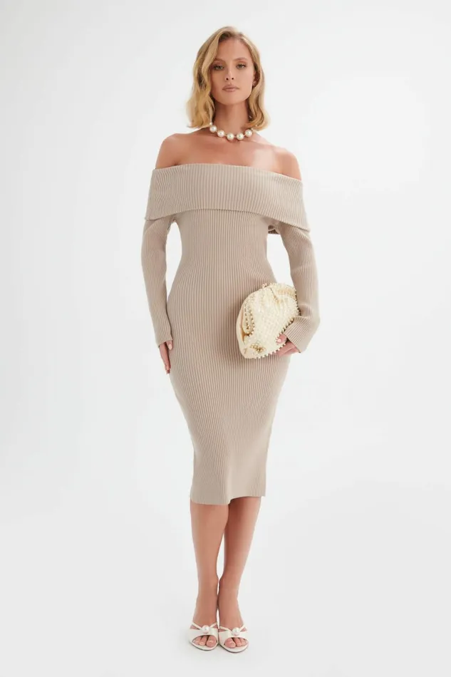 Women Winter Knitwear Lavish Alice SUNDAY Knitted Rib Bardot Midi Dress In Beige Beige