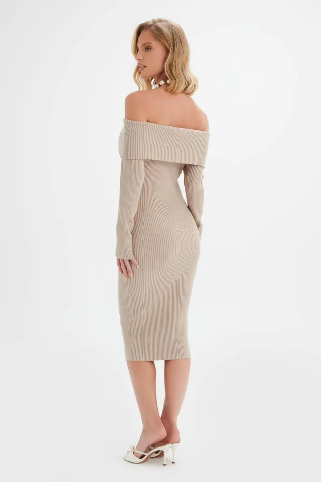 Women Winter Knitwear Lavish Alice SUNDAY Knitted Rib Bardot Midi Dress In Beige Beige