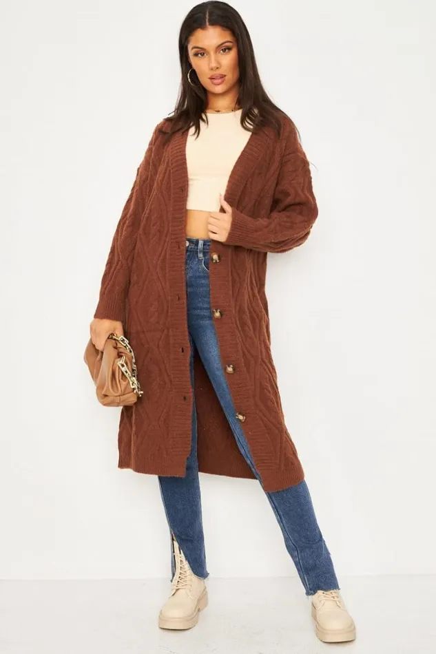 Women Wool Knitted Long Cardigan In Brown Brown Brentiny Paris Cardigans
