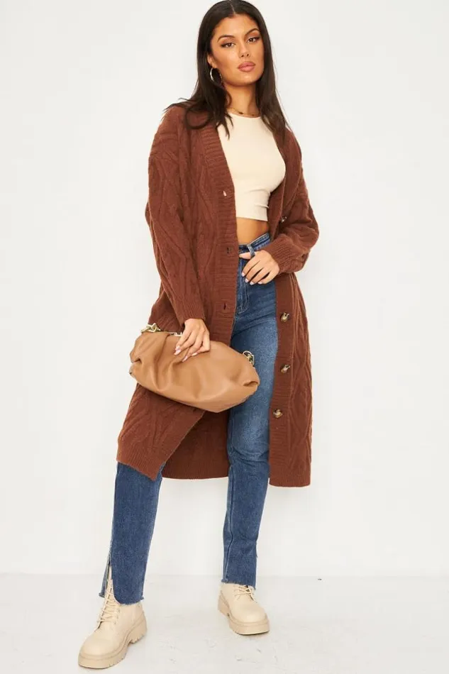 Women Wool Knitted Long Cardigan In Brown Brown Brentiny Paris Cardigans