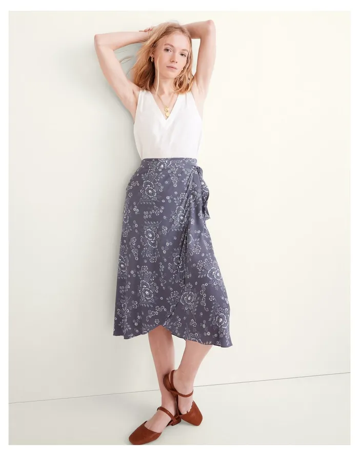 Women Wrap Midi Skirt In Archival Floral Sunfaded Indigo Madewell Skirts