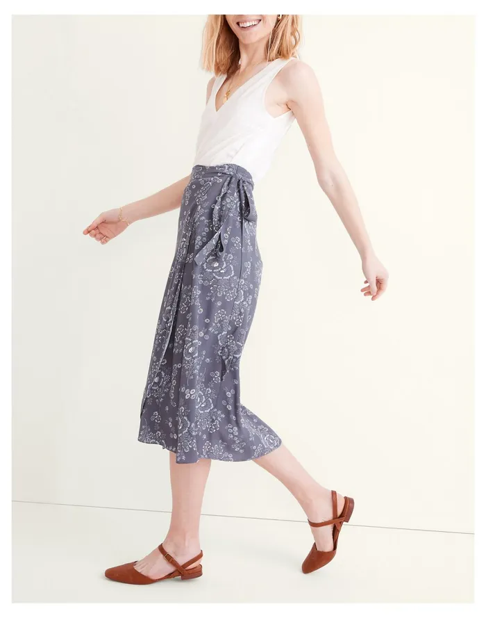 Women Wrap Midi Skirt In Archival Floral Sunfaded Indigo Madewell Skirts Women Wrap Midi Skirt In Archival Floral Sunfaded Indigo Madewell Skirts