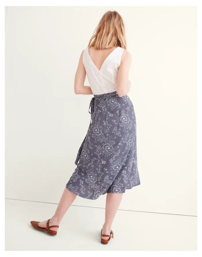 Women Wrap Midi Skirt In Archival Floral Sunfaded Indigo Madewell Skirts Women Wrap Midi Skirt In Archival Floral Sunfaded Indigo Madewell Skirts