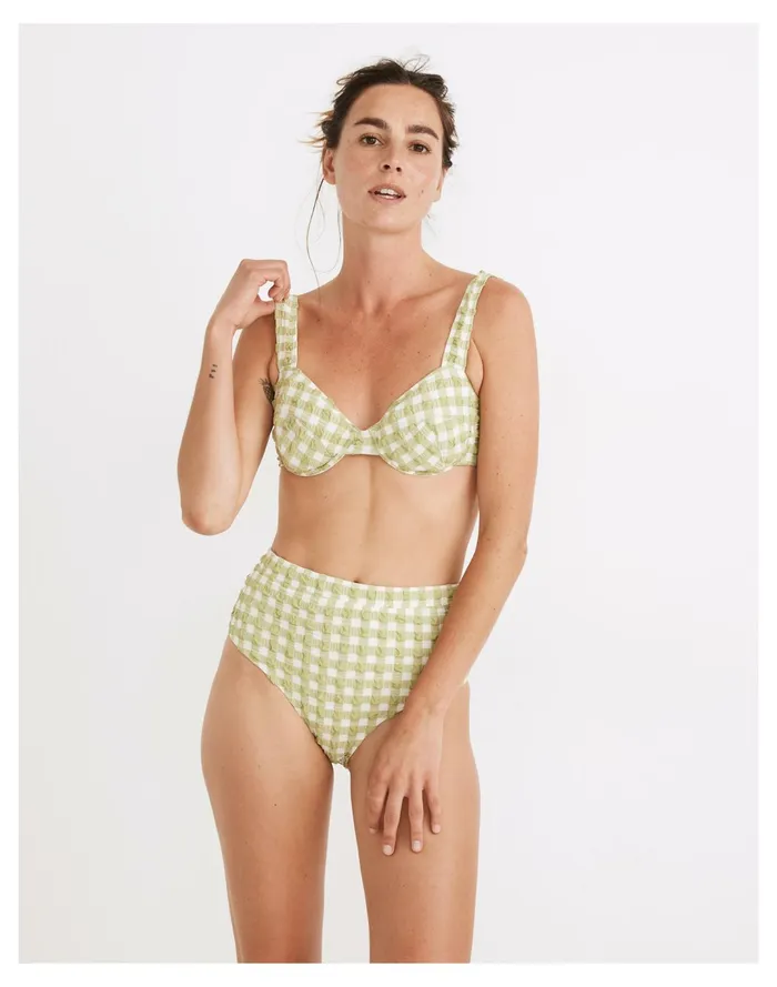 Women X Solid and Striped Lilo Bikini Top In Textured Gingham Jade Madewell Swim