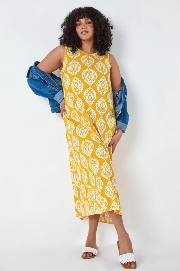 Women Yellow Curve Aztec Print Stretch Maxi Dress Roman Dresses
