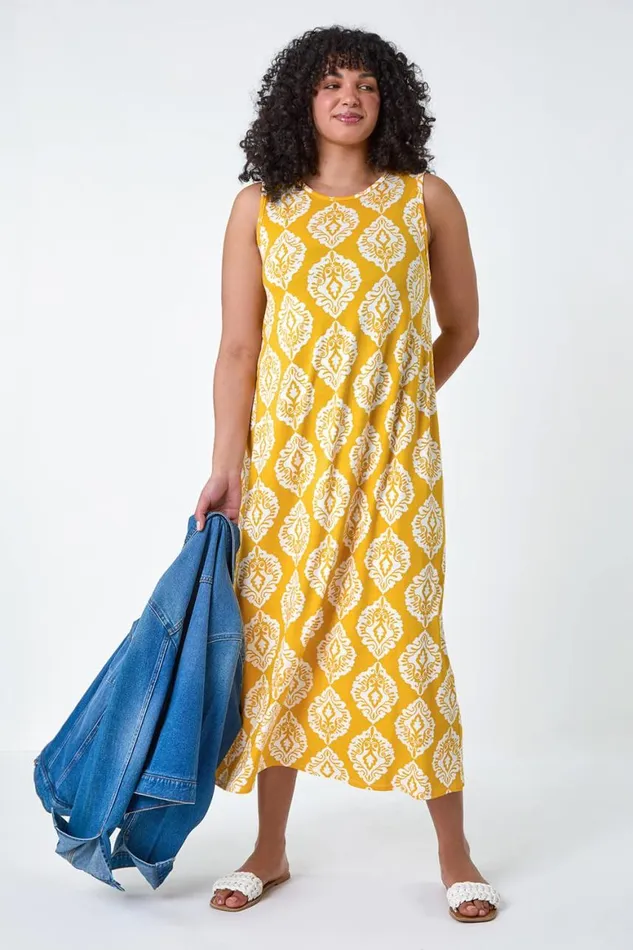 Women Yellow Curve Aztec Print Stretch Maxi Dress Roman Dresses