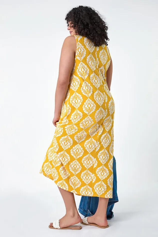 Women Yellow Curve Aztec Print Stretch Maxi Dress Roman Dresses