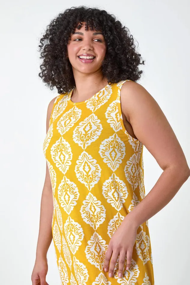 Women Yellow Curve Aztec Print Stretch Maxi Dress Roman Dresses