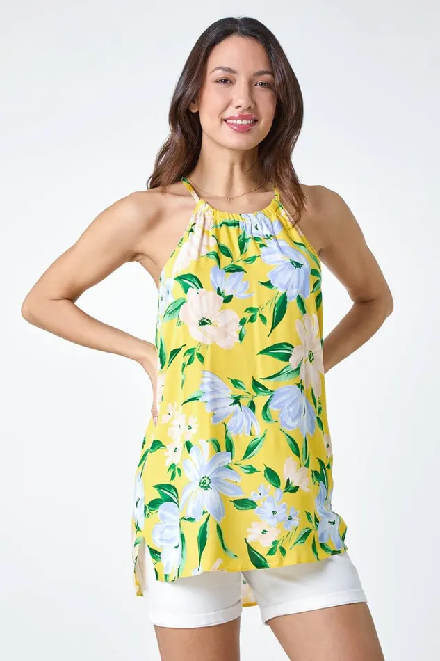 Women Yellow Floral Print Halter Neck Top Roman Tops