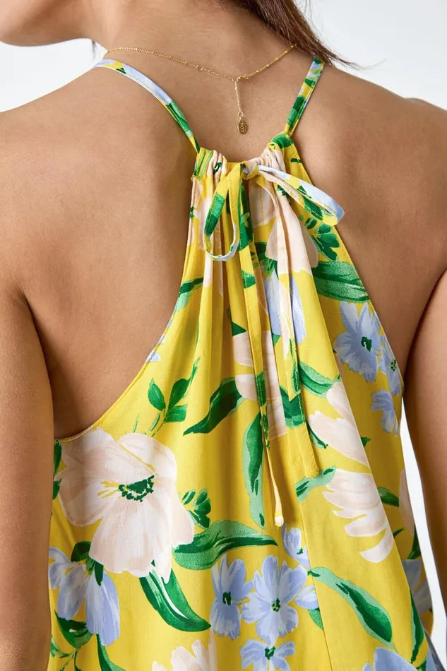 Women Yellow Floral Print Halter Neck Top Roman Tops