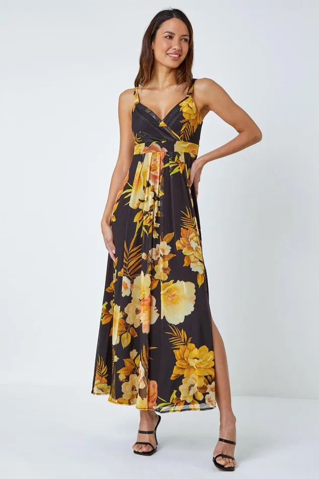 Women Yellow Floral Print Stretch Maxi Dress Roman Dresses
