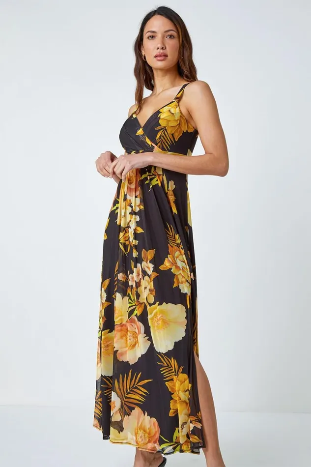 Women Yellow Floral Print Stretch Maxi Dress Roman Dresses
