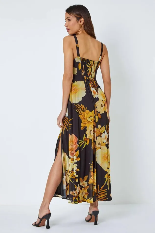 Women Yellow Floral Print Stretch Maxi Dress Roman Dresses