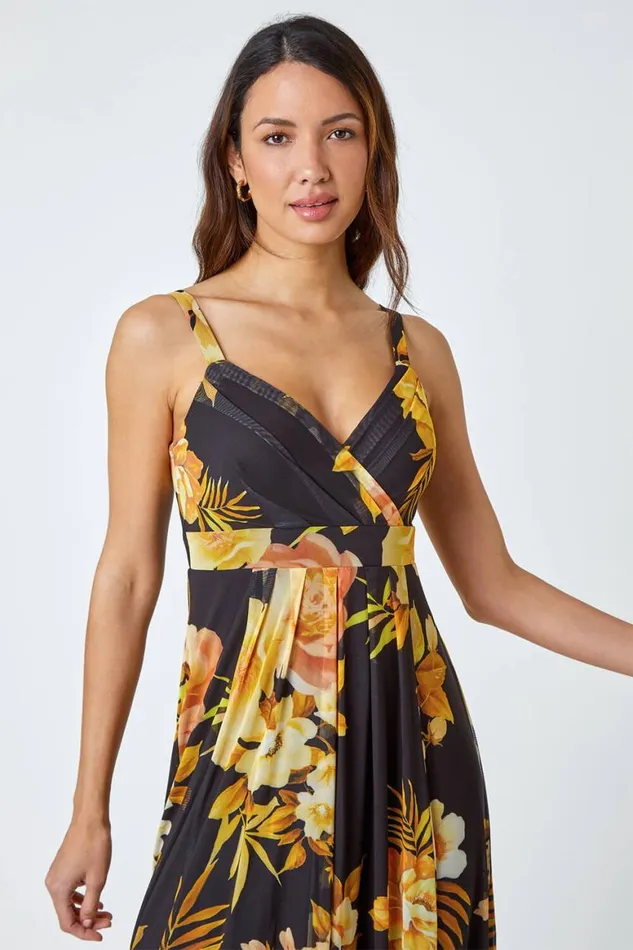 Women Yellow Floral Print Stretch Maxi Dress Roman Dresses