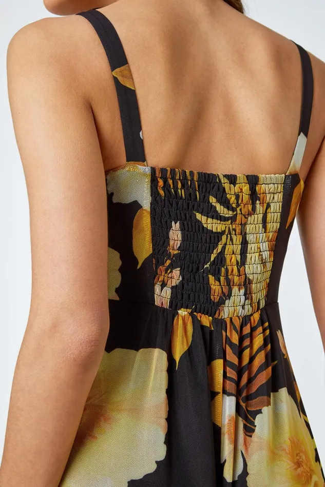 Women Yellow Floral Print Stretch Maxi Dress Roman Dresses
