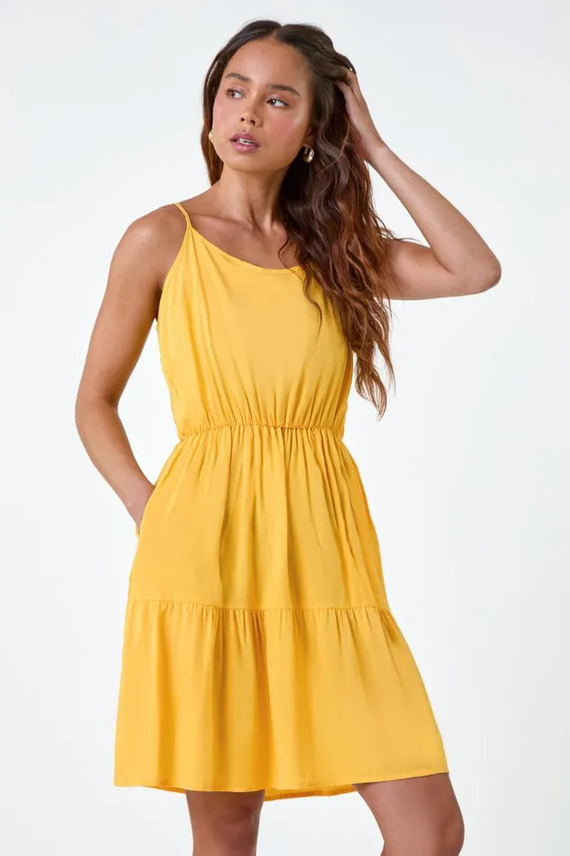 Women Yellow Petite Sleeveless Frill Hem Dress Roman Dresses