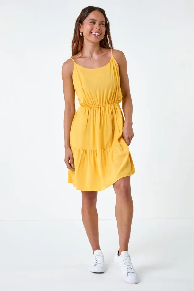 Women Yellow Petite Sleeveless Frill Hem Dress Roman Dresses