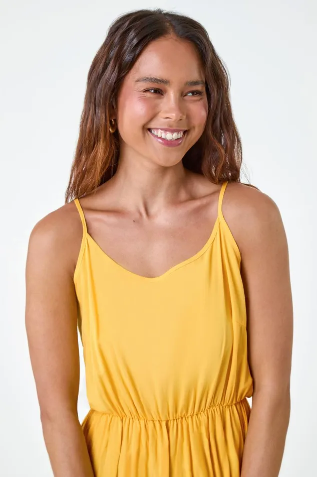 Women Yellow Petite Sleeveless Frill Hem Dress Roman Dresses