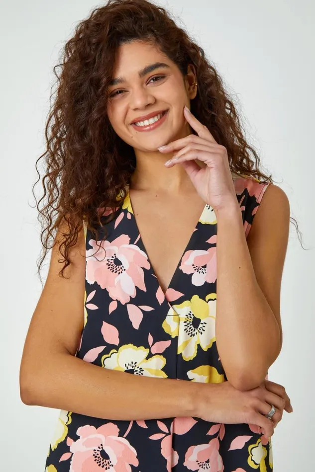 Women Yellow Sleeveless VNeck Floral Pleat Front Top Roman Tops