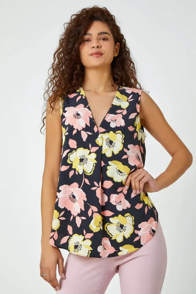 Women Yellow Sleeveless VNeck Floral Pleat Front Top Roman Tops