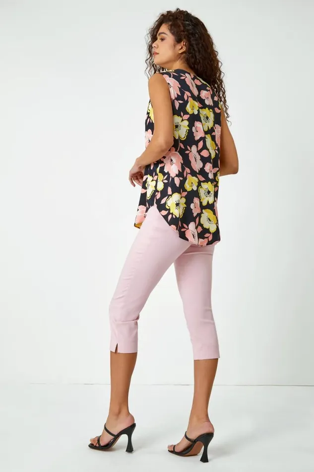Women Yellow Sleeveless VNeck Floral Pleat Front Top Roman Tops