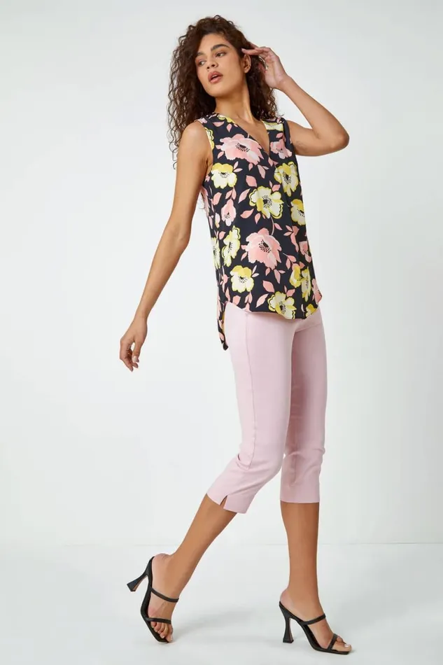 Women Yellow Sleeveless VNeck Floral Pleat Front Top Roman Tops