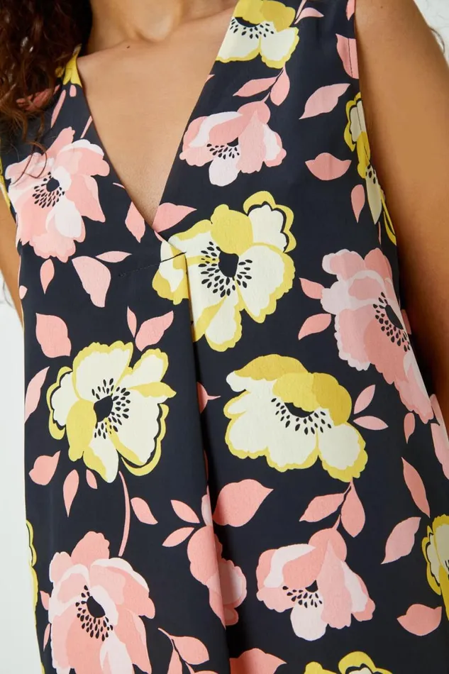 Women Yellow Sleeveless VNeck Floral Pleat Front Top Roman Tops
