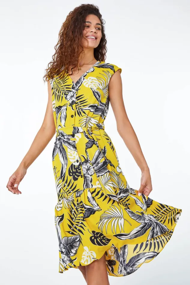 Women Yellow Tropical Print Dipped Hem Dress Roman Dresses