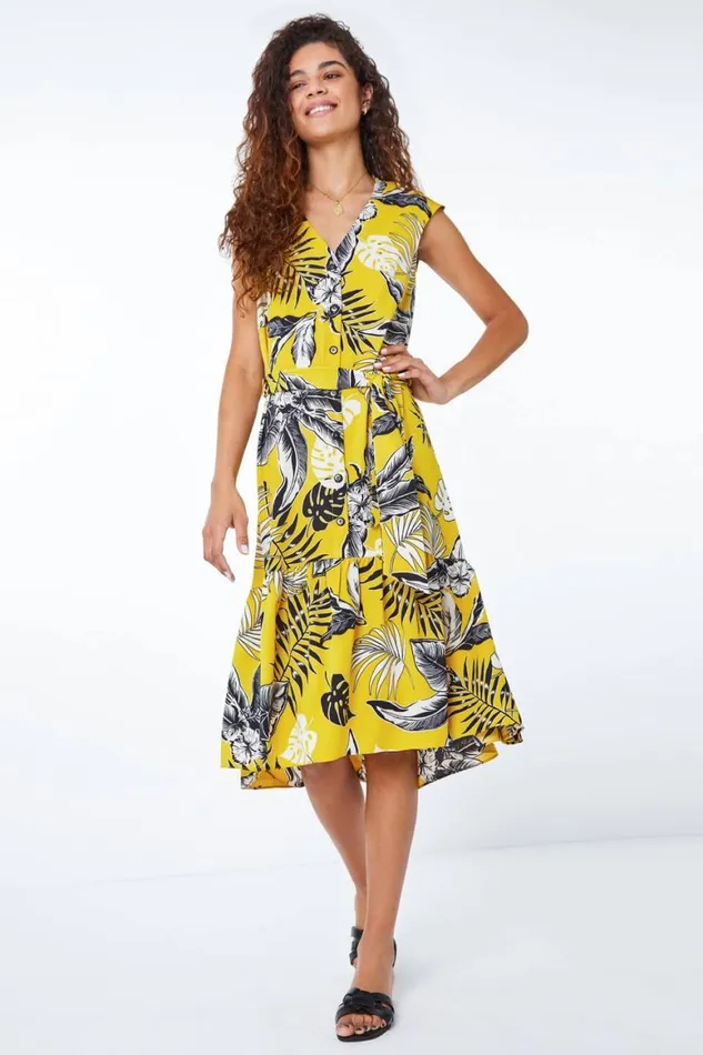 Women Yellow Tropical Print Dipped Hem Dress Roman Dresses