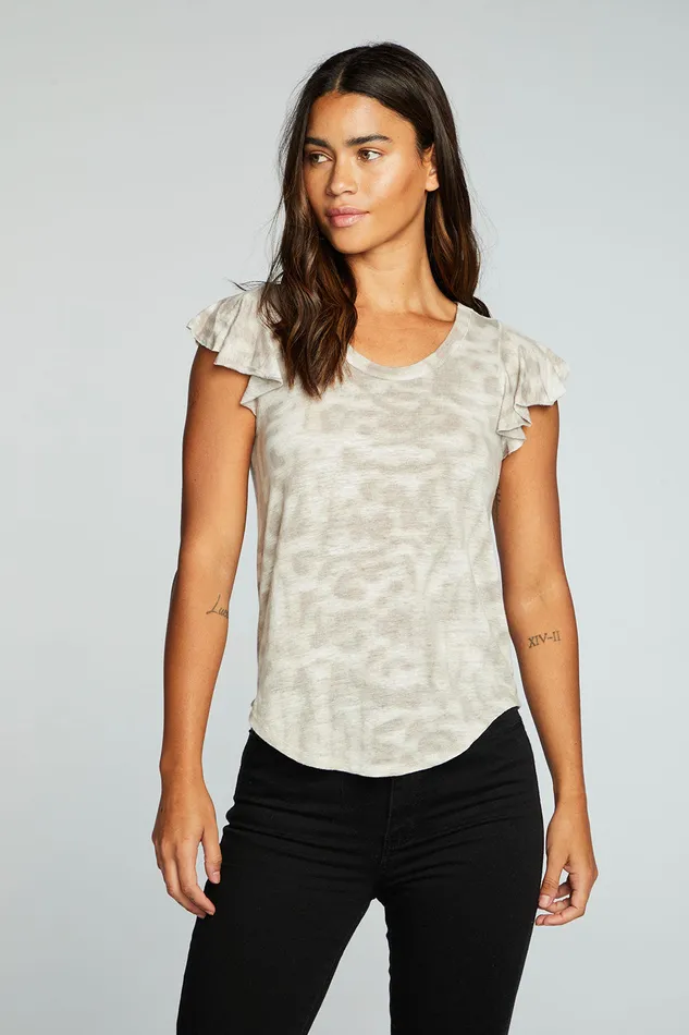 Womens Chaser Brand Linen Jersey Scoop Neck Flutter Sleeve Shirttail Tee Tops