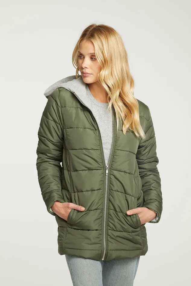 Womens Chaser Brand Quilted Hooded Long Puffer Zip Up Jacket Outerwear