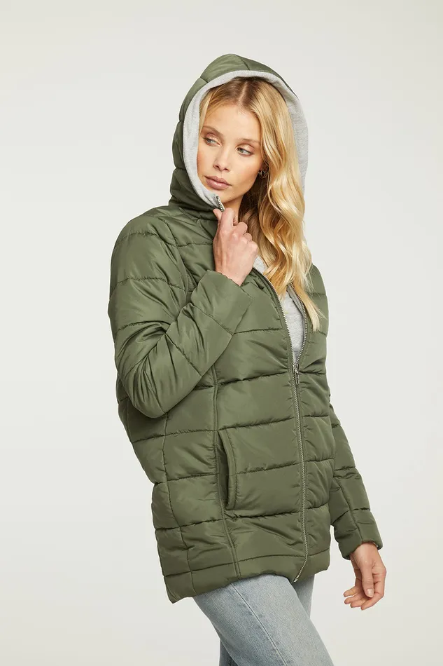 Womens Chaser Brand Quilted Hooded Long Puffer Zip Up Jacket Outerwear