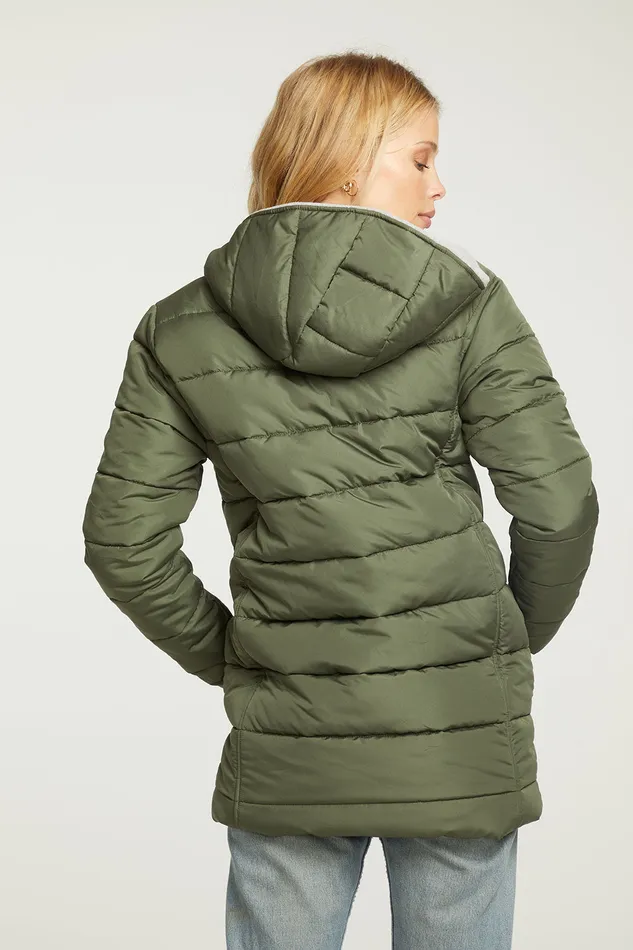 Womens Chaser Brand Quilted Hooded Long Puffer Zip Up Jacket Outerwear