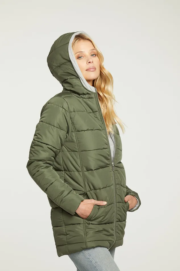 Womens Chaser Brand Quilted Hooded Long Puffer Zip Up Jacket Outerwear