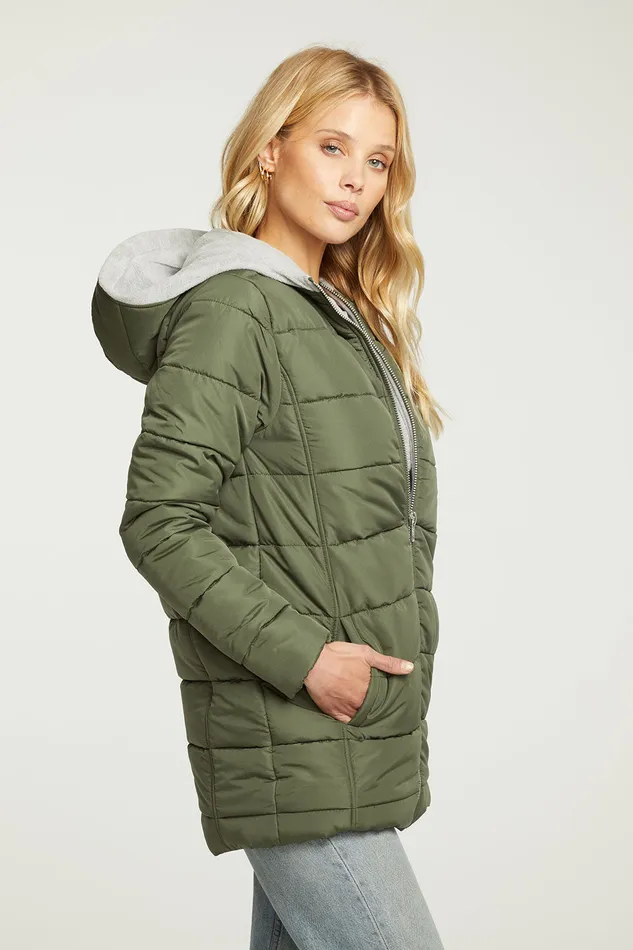 Womens Chaser Brand Quilted Hooded Long Puffer Zip Up Jacket Outerwear
