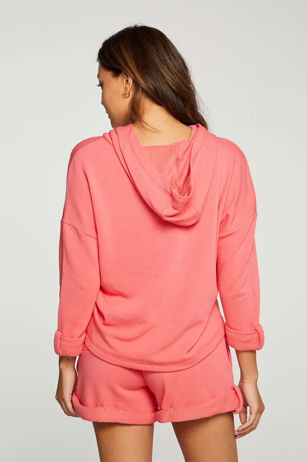 Womens Chaser Brand Slub French Terry Rolled Sleeve Pullover Hoodie Outerwear