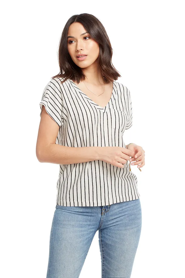 Womens Linen Jersey Drop Shoulder Short Sleeve Double V Tee Loungewear Chaser Brand