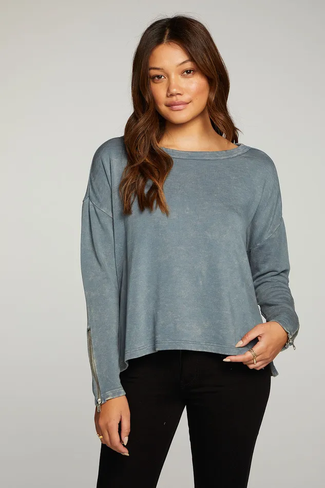 Womens Loungewear Chaser Brand Slub French Terry Long Sleeve Open Neck Pullover with Zippers