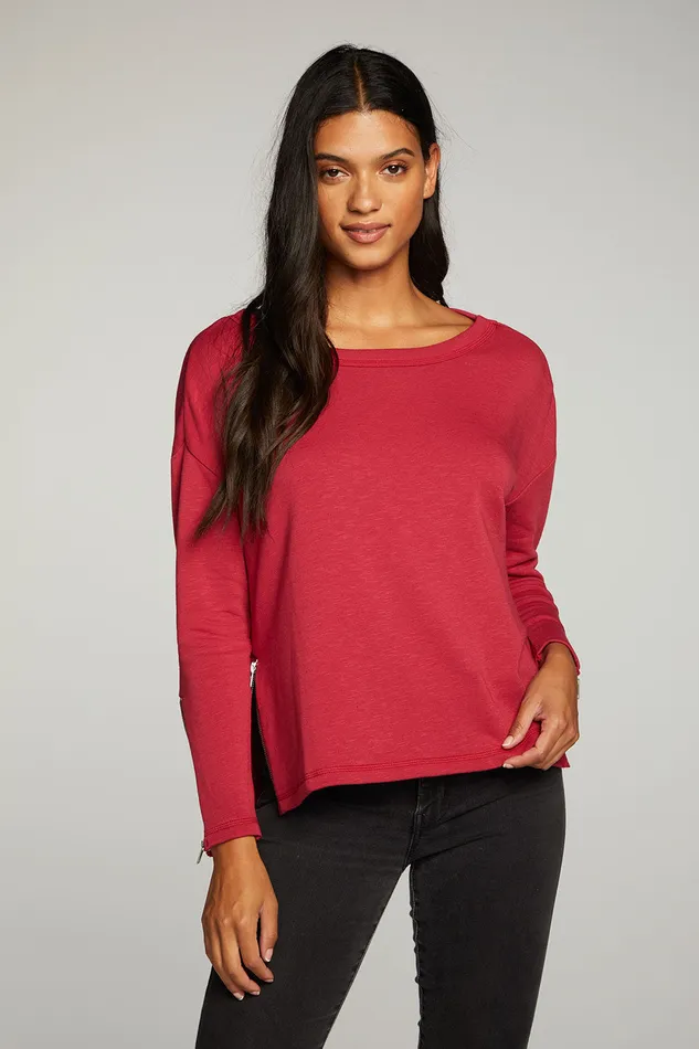 Womens Loungewear Chaser Brand Slub French Terry Long Sleeve Open Neck Pullover with Zippers