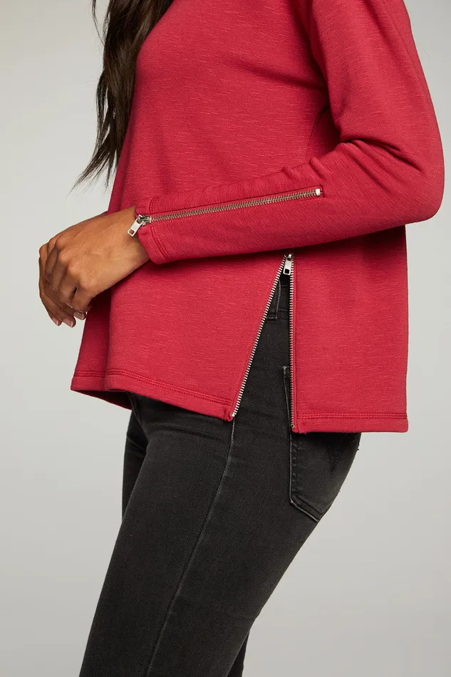 Womens Loungewear Chaser Brand Slub French Terry Long Sleeve Open Neck Pullover with Zippers